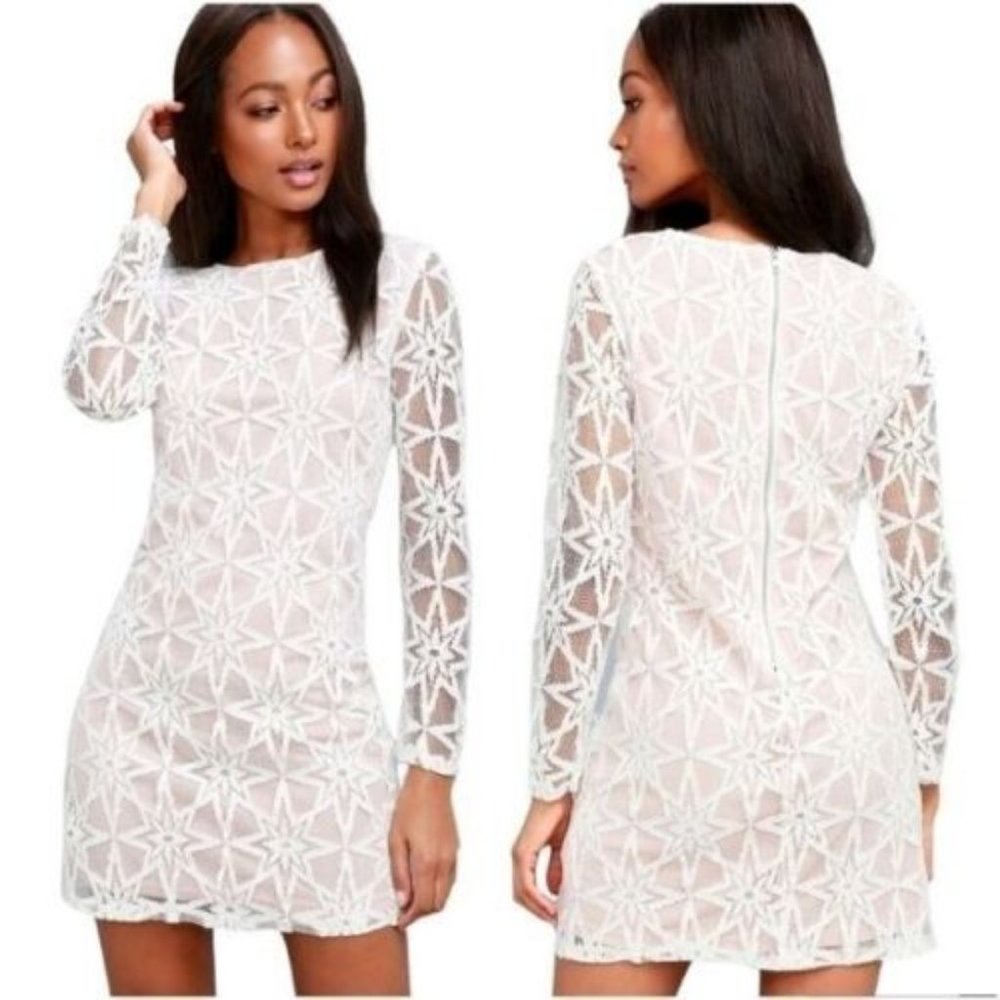 Gently used Lulu's Ivory Dawning Twilight Long Sleeve Lace Mini Dress Size Small